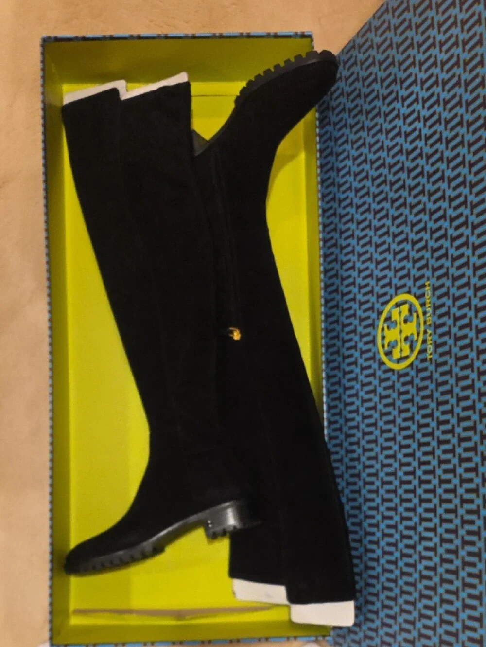 Tory Burch Black Over-the-Knee Suede Lug-Sole Boots